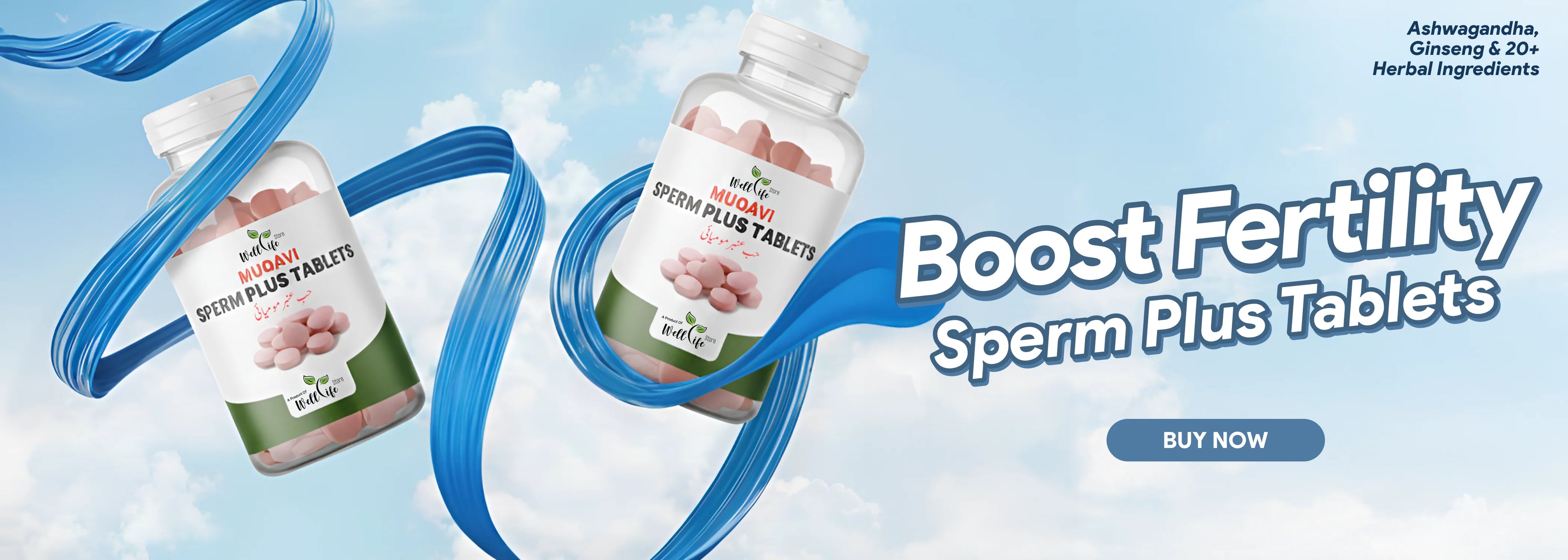 Advertisement for Sperm Plus Tablets with blue ribbons on a light blue background