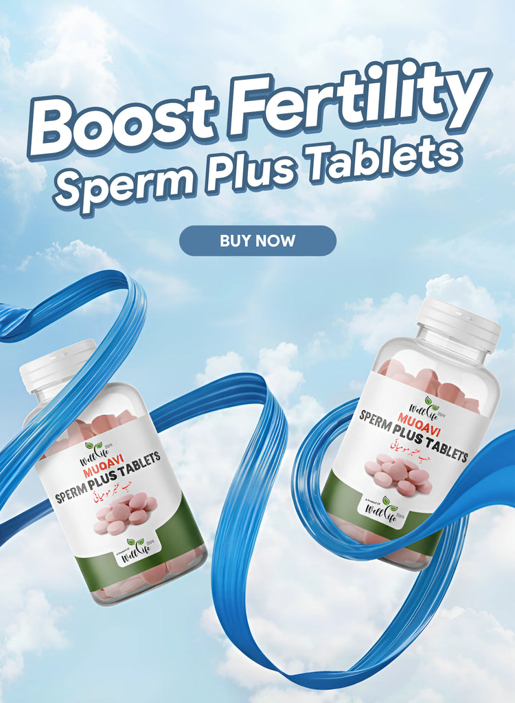 Advertisement for Sperm Plus Tablets with a blue background and 'Buy Now' button.